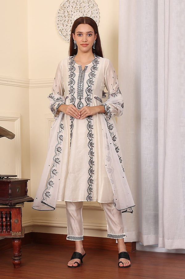White Chanderi Mock Panelled Embroidered Flared Kurta, Straight Pants And Dupatta Set
