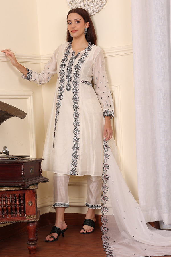 White Chanderi Mock Panelled Embroidered Flared Kurta, Straight Pants And Dupatta Set