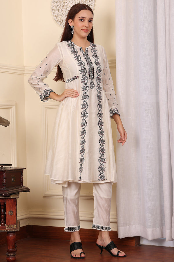 White Chanderi Mock Panelled Embroidered Flared Kurta, Straight Pants And Dupatta Set