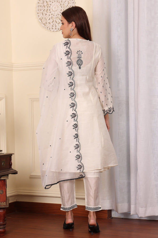 White Chanderi Mock Panelled Embroidered Flared Kurta, Straight Pants And Dupatta Set