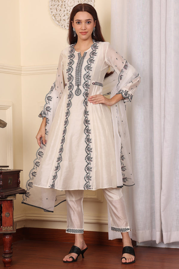 White Chanderi Mock Panelled Embroidered Flared Kurta, Straight Pants And Dupatta Set
