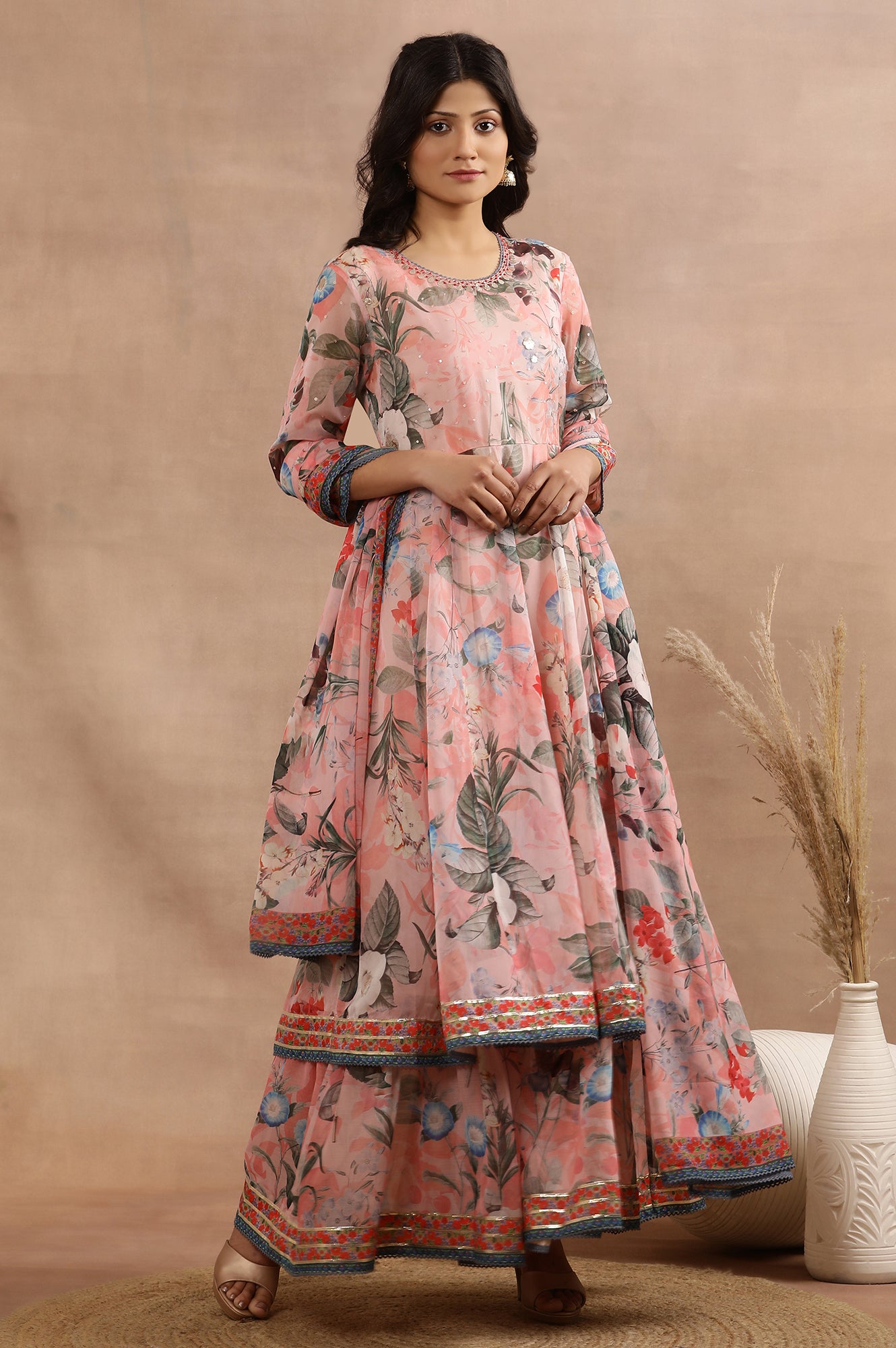 Peach Floral Printed Mock Layered Dress And Dupatta Set