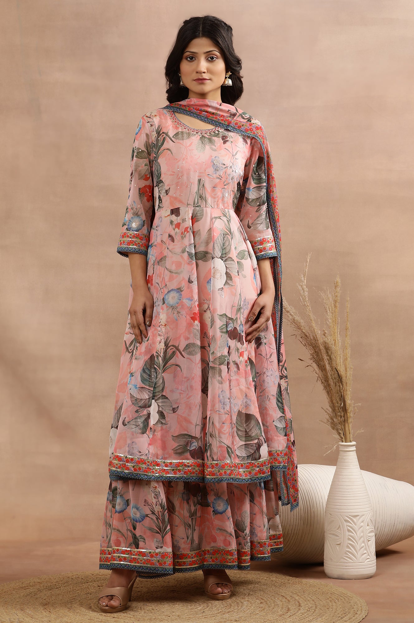 Peach Floral Printed Mock Layered Dress And Dupatta Set