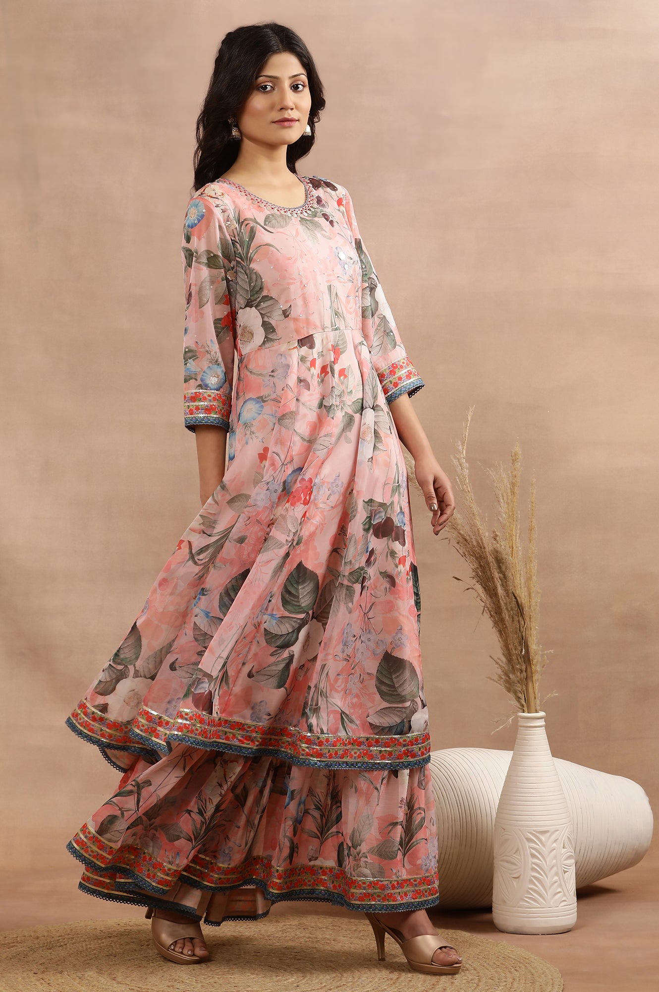 Peach Floral Printed Mock Layered Dress And Dupatta Set