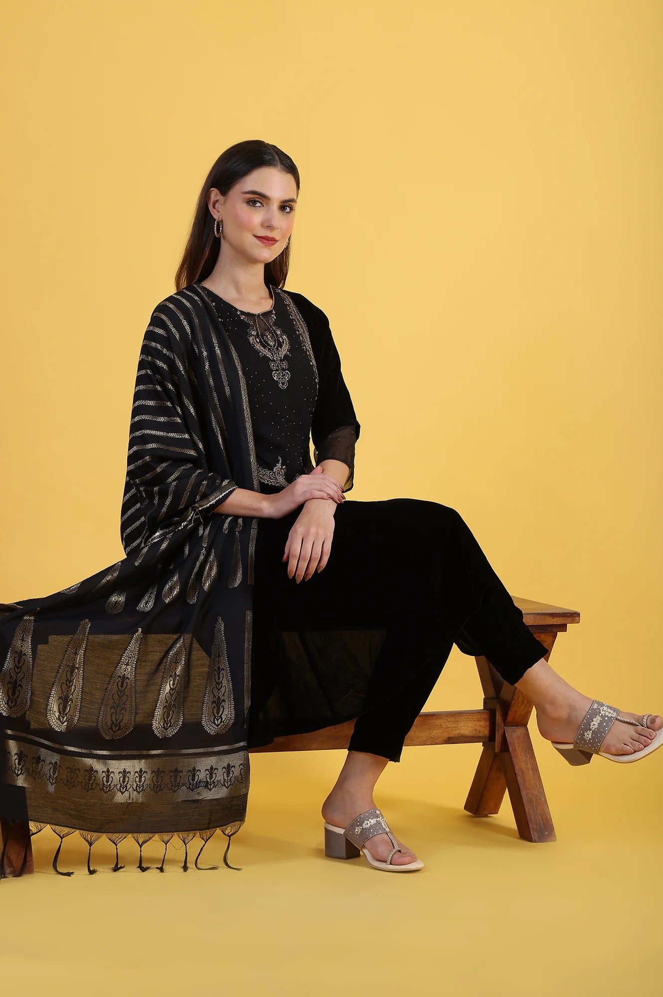 Black Solid Metallic Embroidery Flared Kurta &amp; Straight pant with Dupatta Set