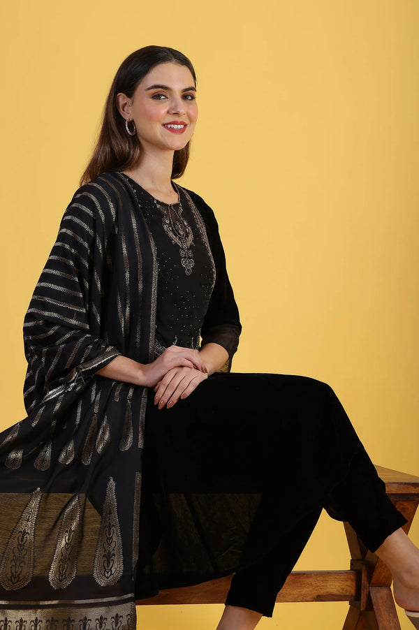 Black Solid Metallic Embroidery Flared Kurta & Straight pant with Dupatta Set