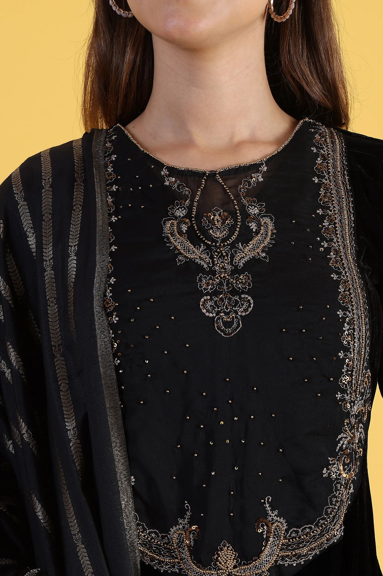 Black Solid Metallic Embroidery Flared Kurta &amp; Straight pant with Dupatta Set