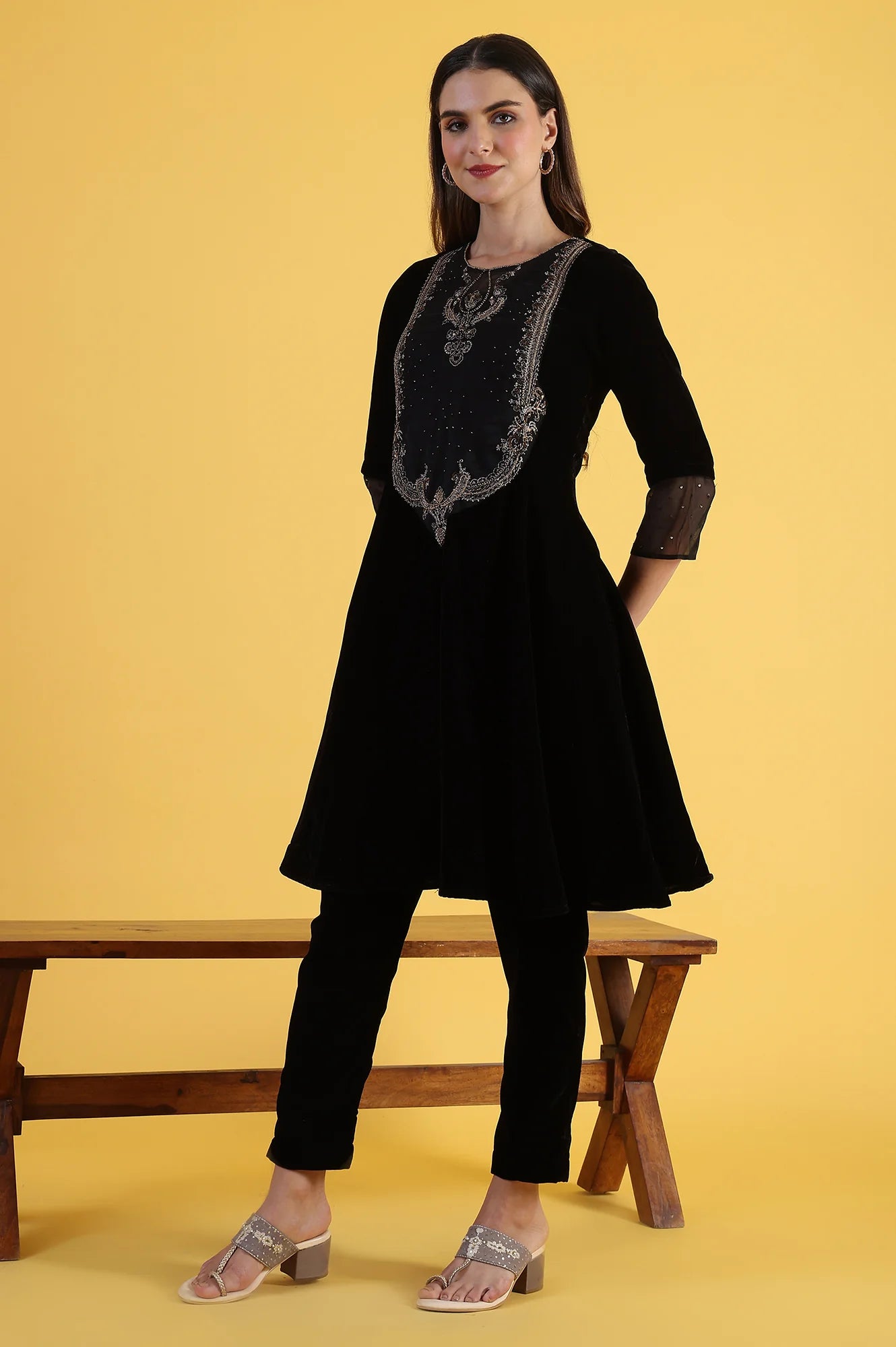 Black Solid Metallic Embroidery Flared Kurta &amp; Straight pant with Dupatta Set