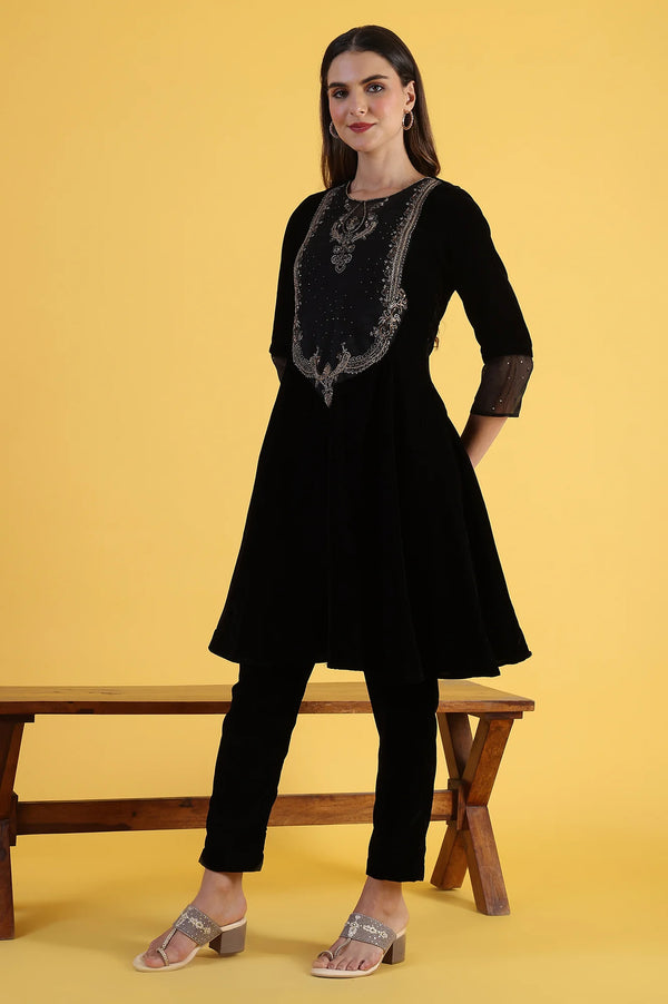 Black Solid Metallic Embroidery Flared Kurta & Straight pant with Dupatta Set