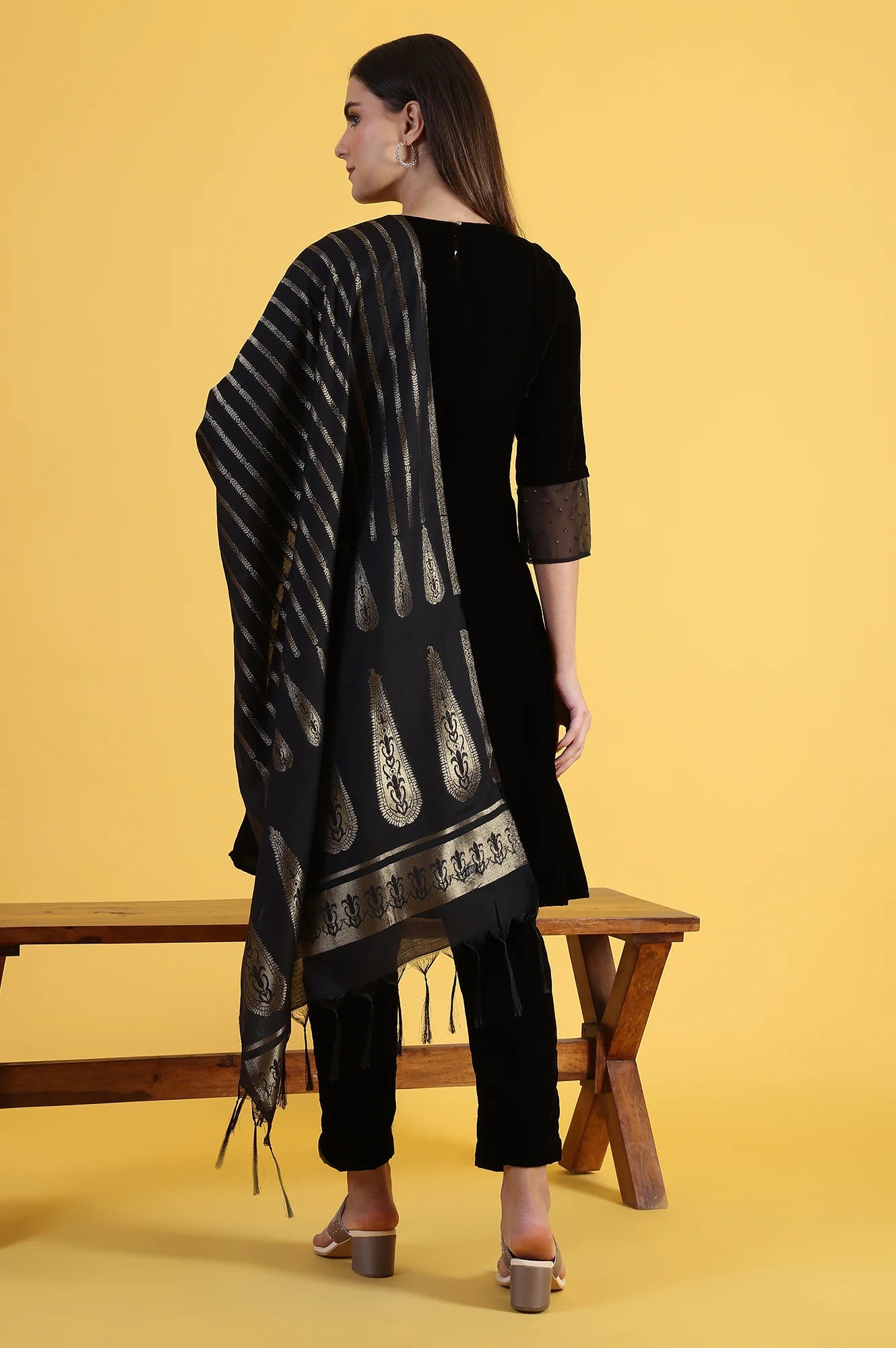 Black Solid Metallic Embroidery Flared Kurta &amp; Straight pant with Dupatta Set