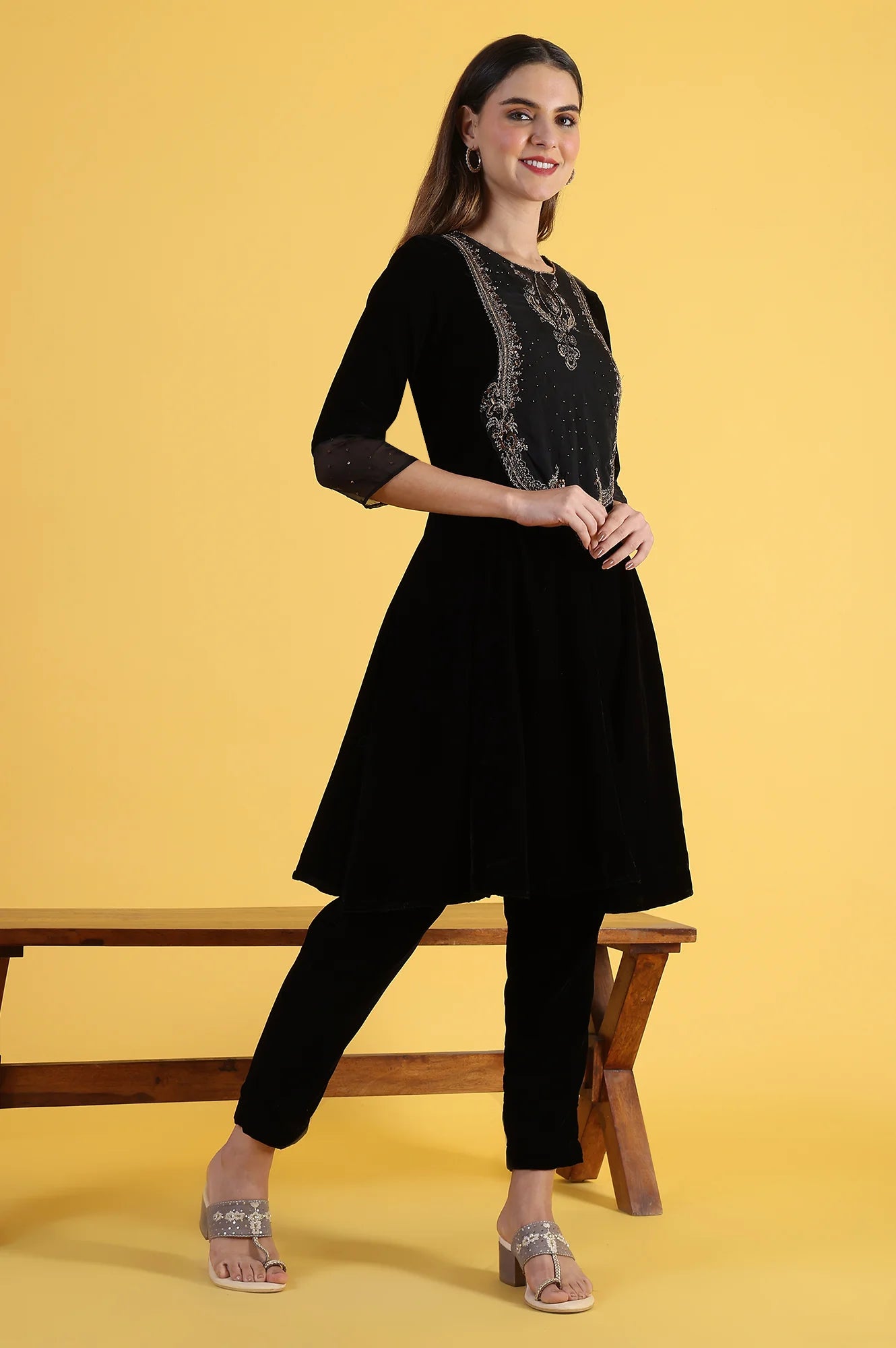 Black Solid Metallic Embroidery Flared Kurta &amp; Straight pant with Dupatta Set