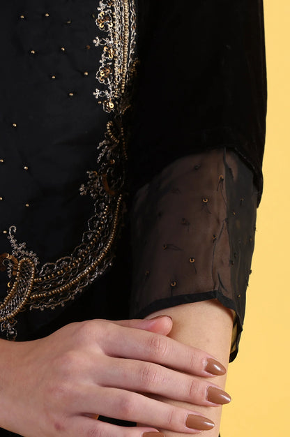 Black Solid Metallic Embroidery Flared Kurta &amp; Straight pant with Dupatta Set