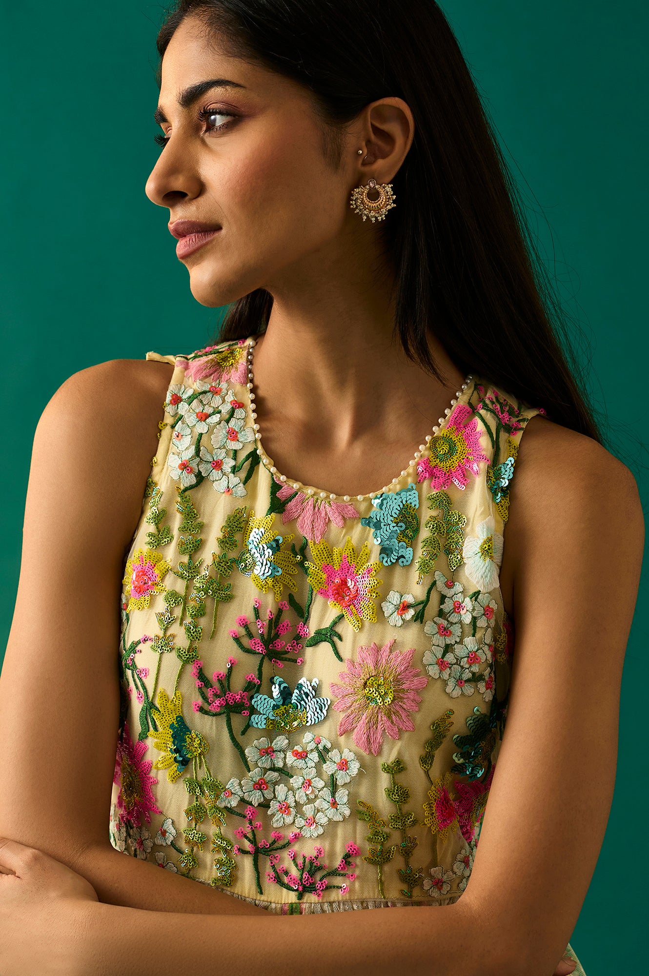 Yellow Embroidered Fit &amp; Flare Georgette Dress