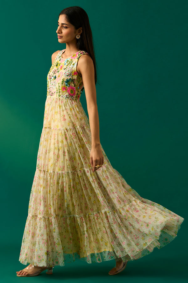 Yellow Embroidered Fit & Flare Georgette Dress