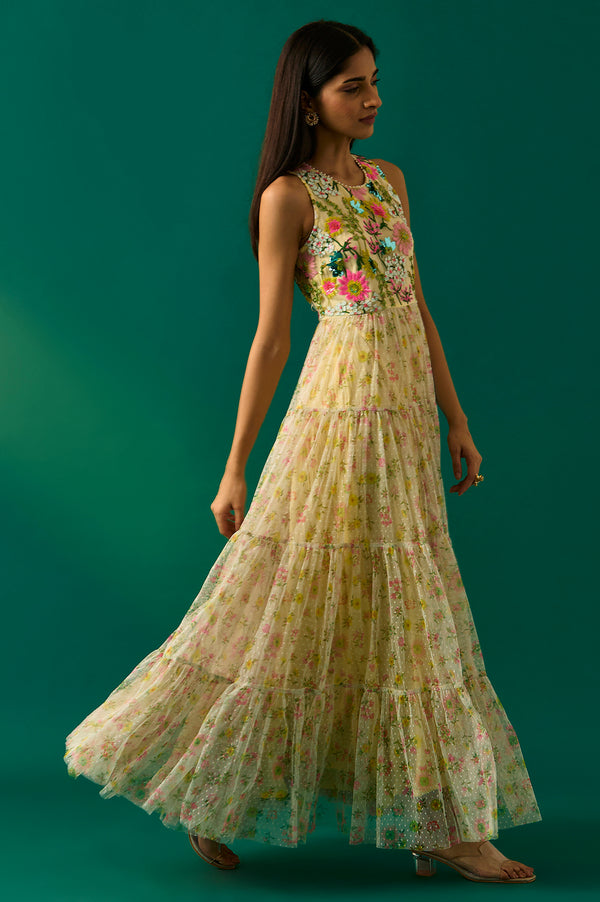 Yellow Embroidered Fit & Flare Georgette Dress