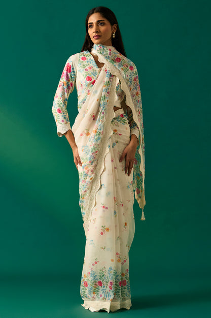 Off-White Floral Printed Embroidered Georgette Saree with Unstitched Blouse