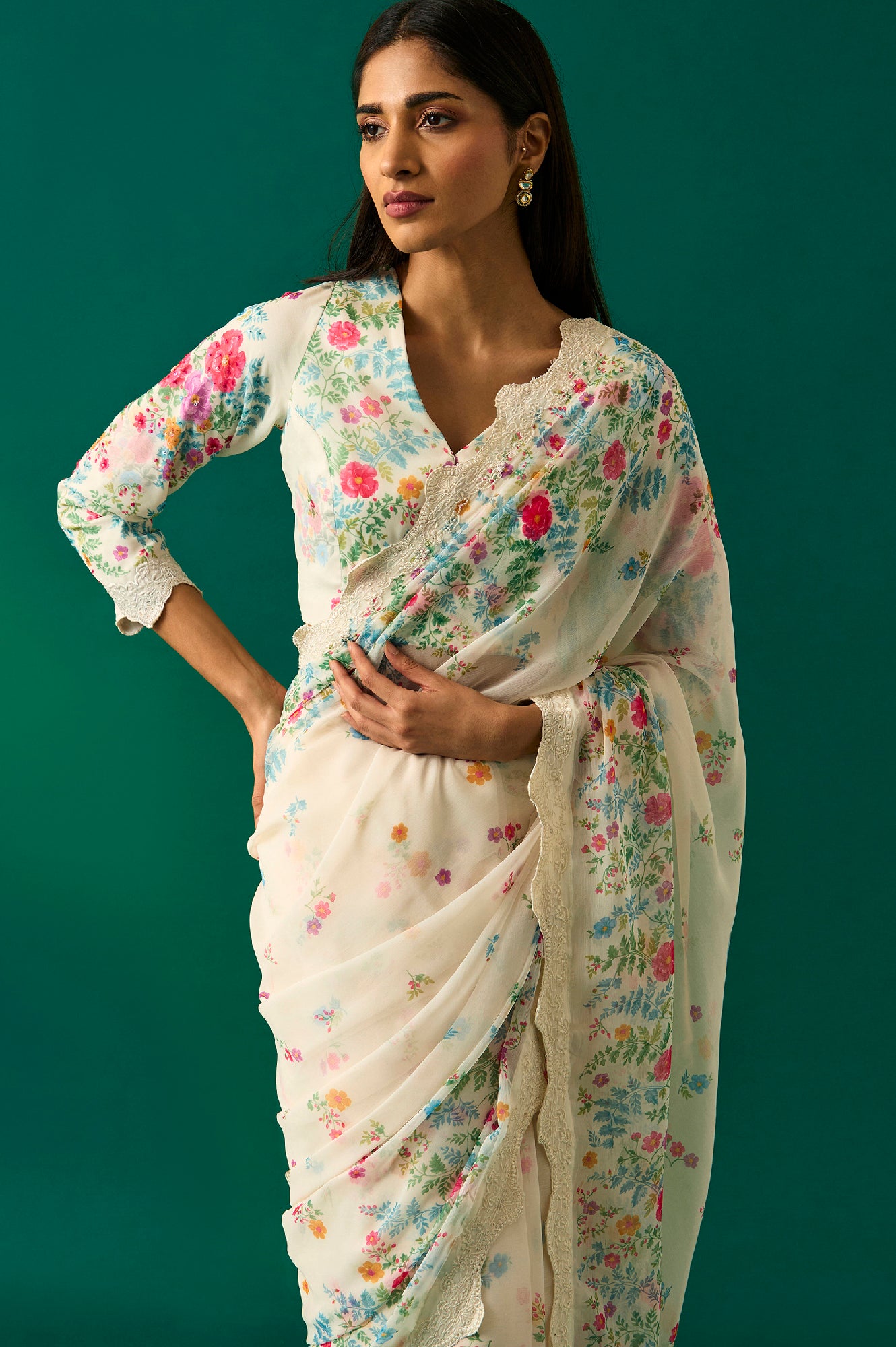 Off-White Floral Printed Embroidered Georgette Saree with Unstitched Blouse