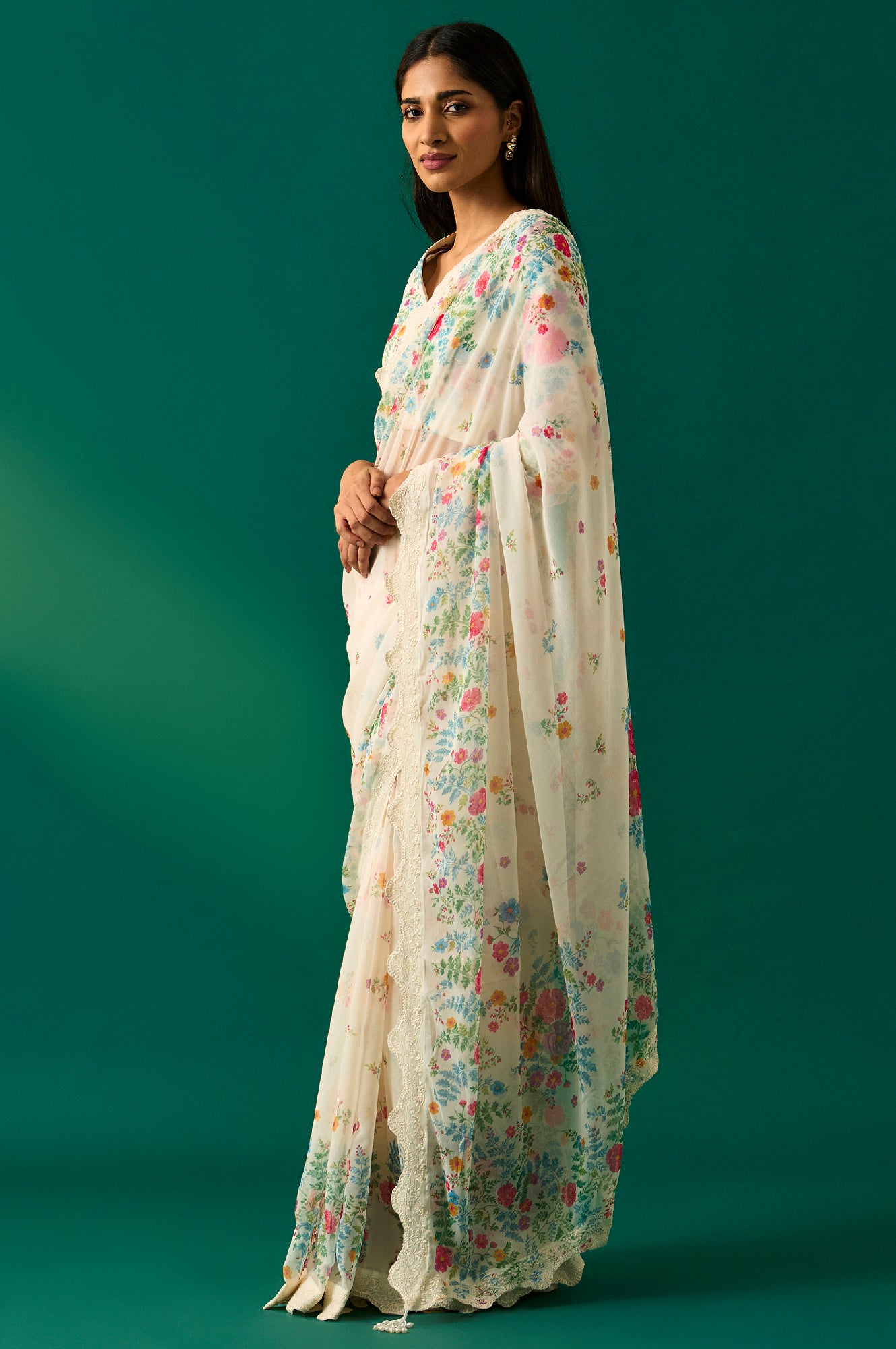 Off-White Floral Printed Embroidered Georgette Saree with Unstitched Blouse