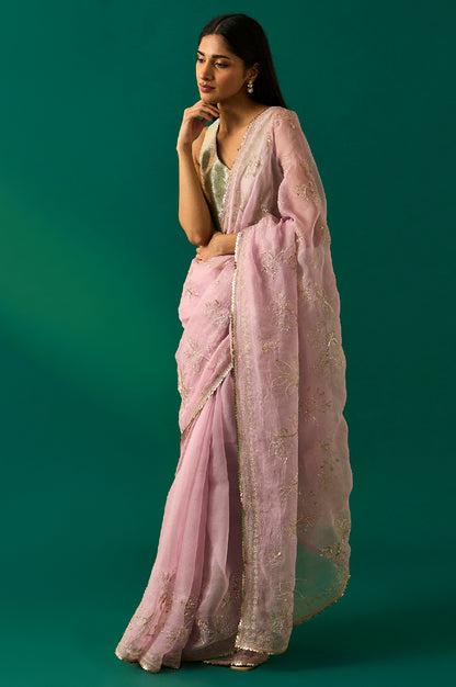 Pink Floral Printed Embroidered Silk Saree with Unstitched Blouse