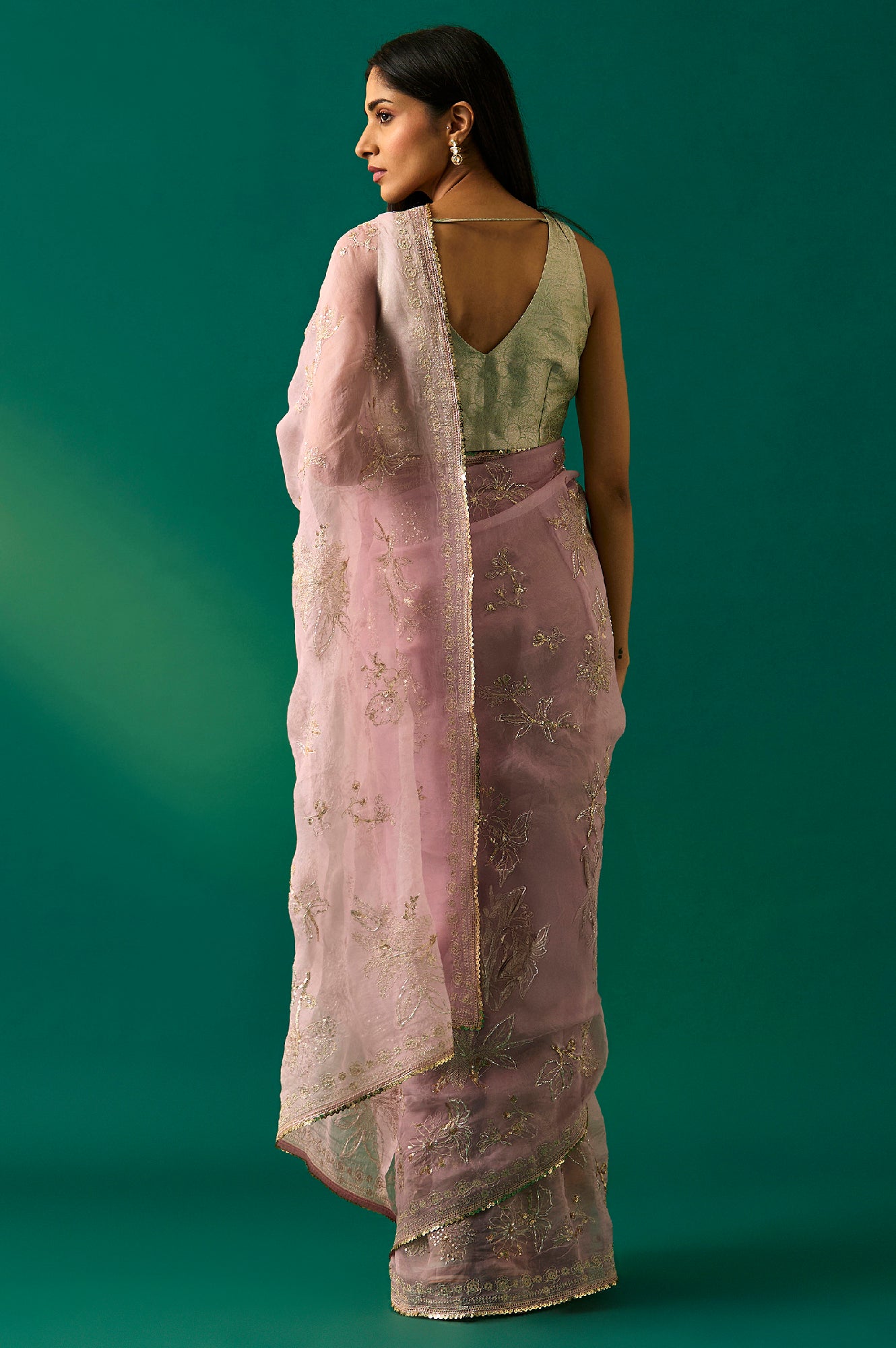 Pink Floral Printed Embroidered Silk Saree with Unstitched Blouse