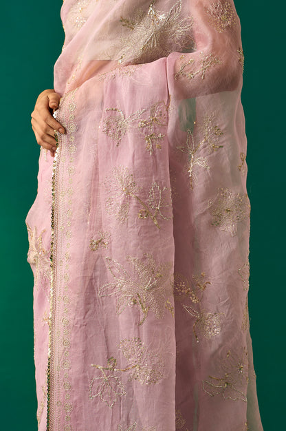 Pink Floral Printed Embroidered Silk Saree with Unstitched Blouse