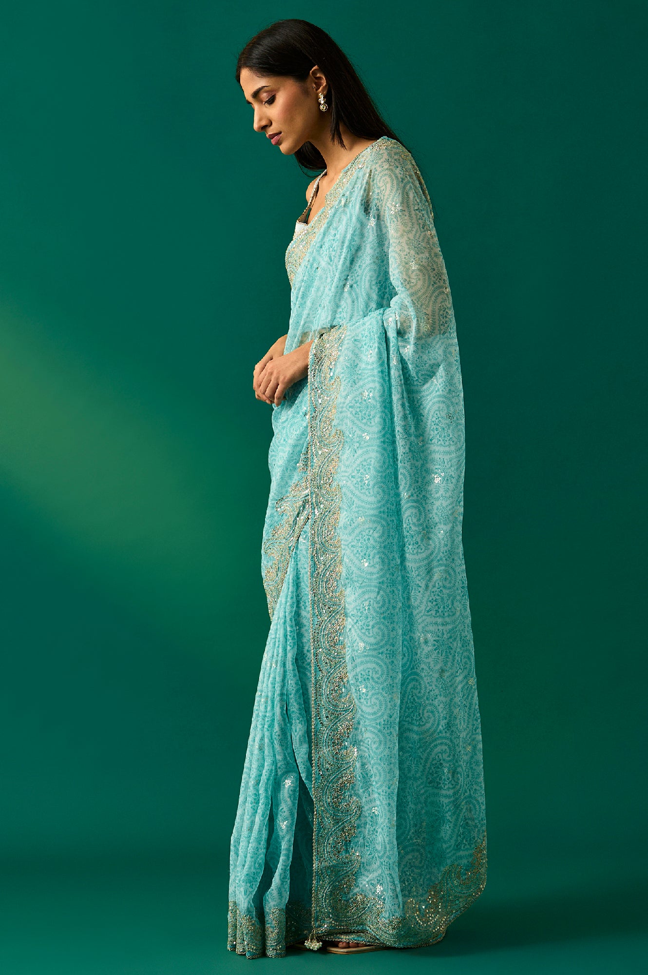 Light Blue Floral Printed Embroidered Zari Work Net Saree with Unstitched Blouse