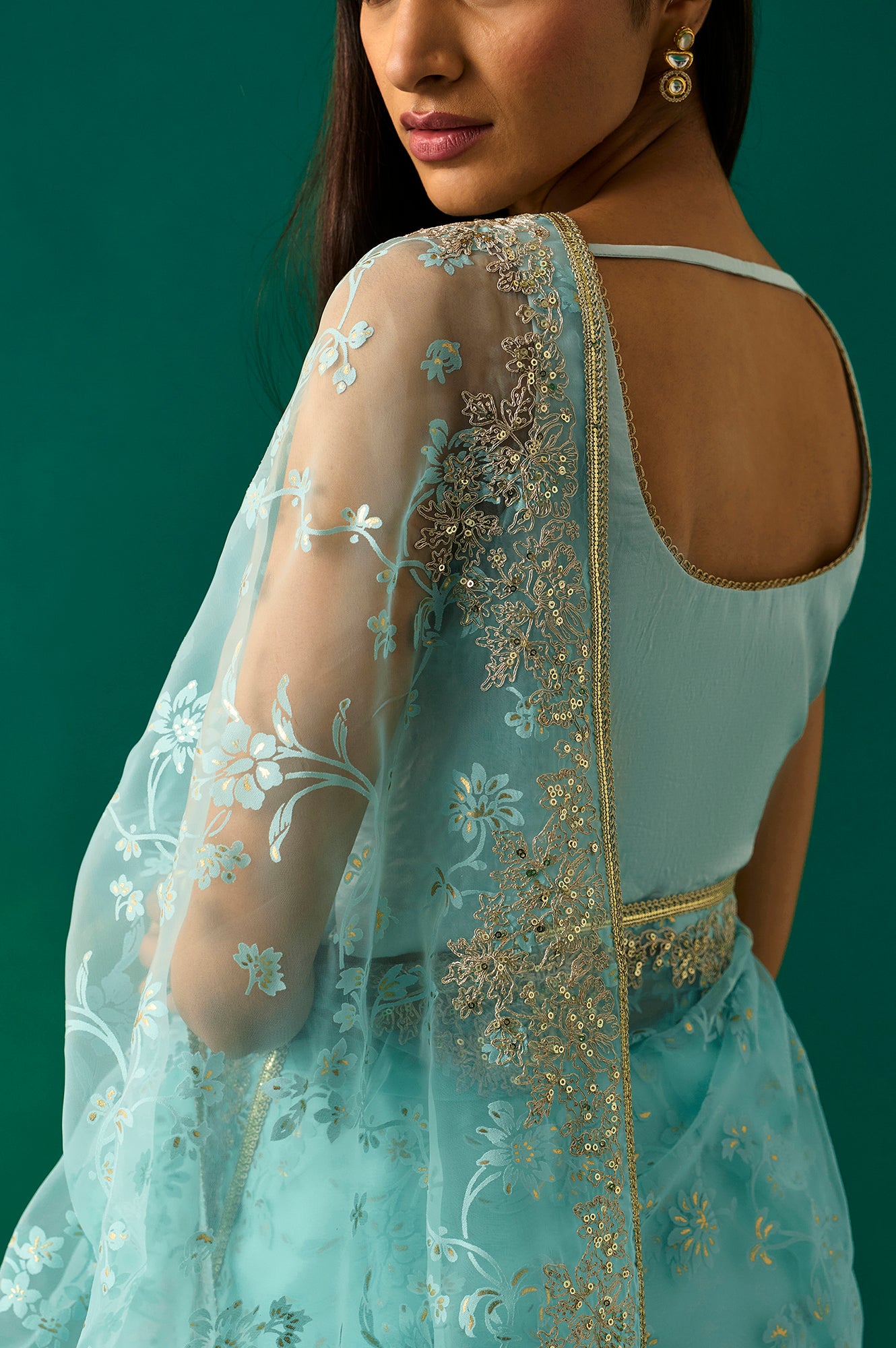 Light Blue Floral Printed Embroidered Zari Work Net Saree with Unstitched Blouse