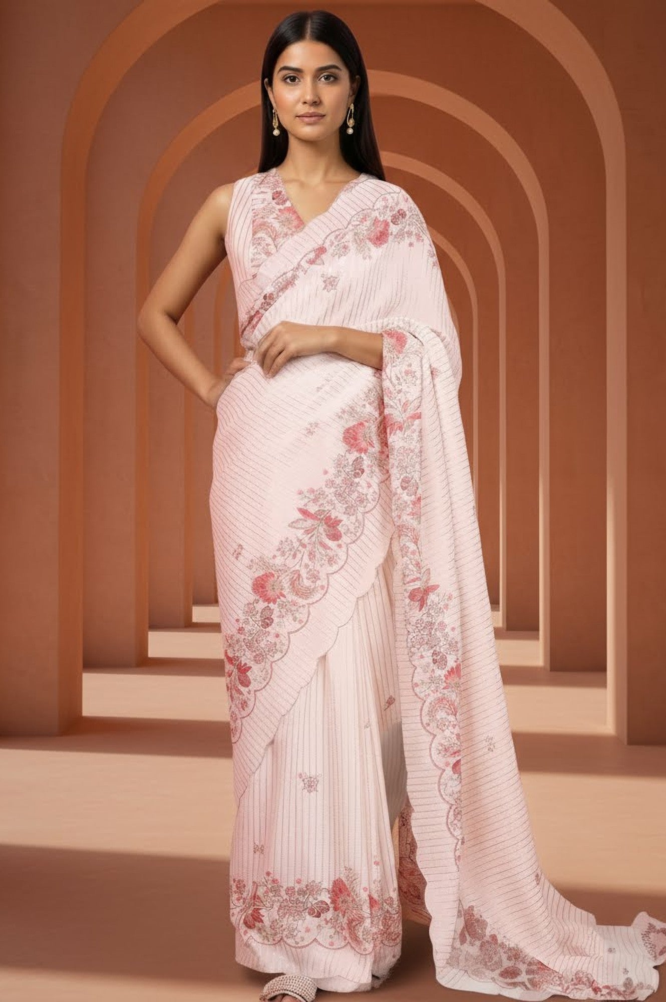 Pink All Over Sequined Festive Saree with Unstitched Embellished Blouse