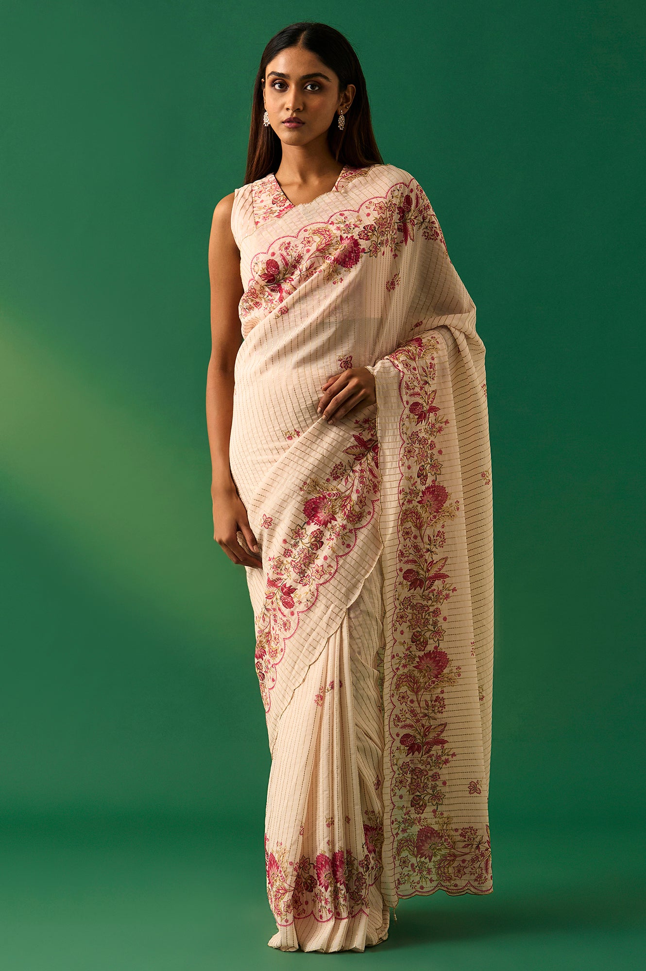 Pink All Over Sequined Festive Saree with Unstitched Embellished Blouse