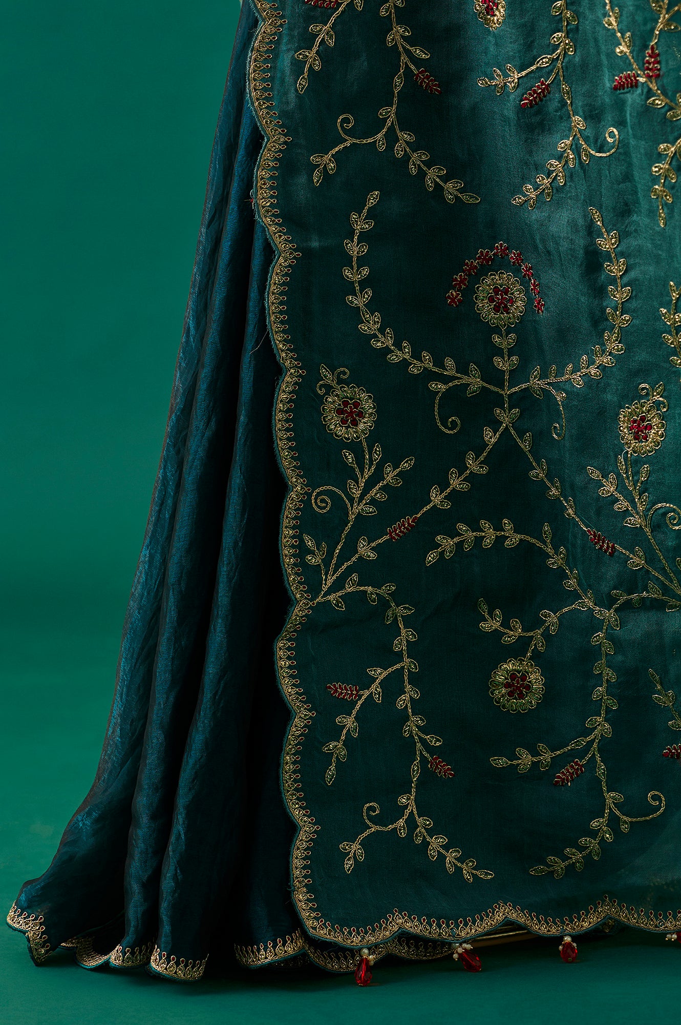 Teal Floral Embroidered Zari Work Tissue Satin Saree with Unstitched Blouse