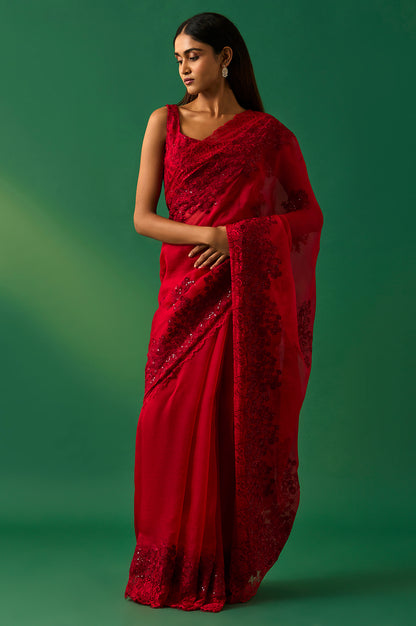 Red Floral Printed Embroidered Sequined Silk Saree with Unstitched Blouse