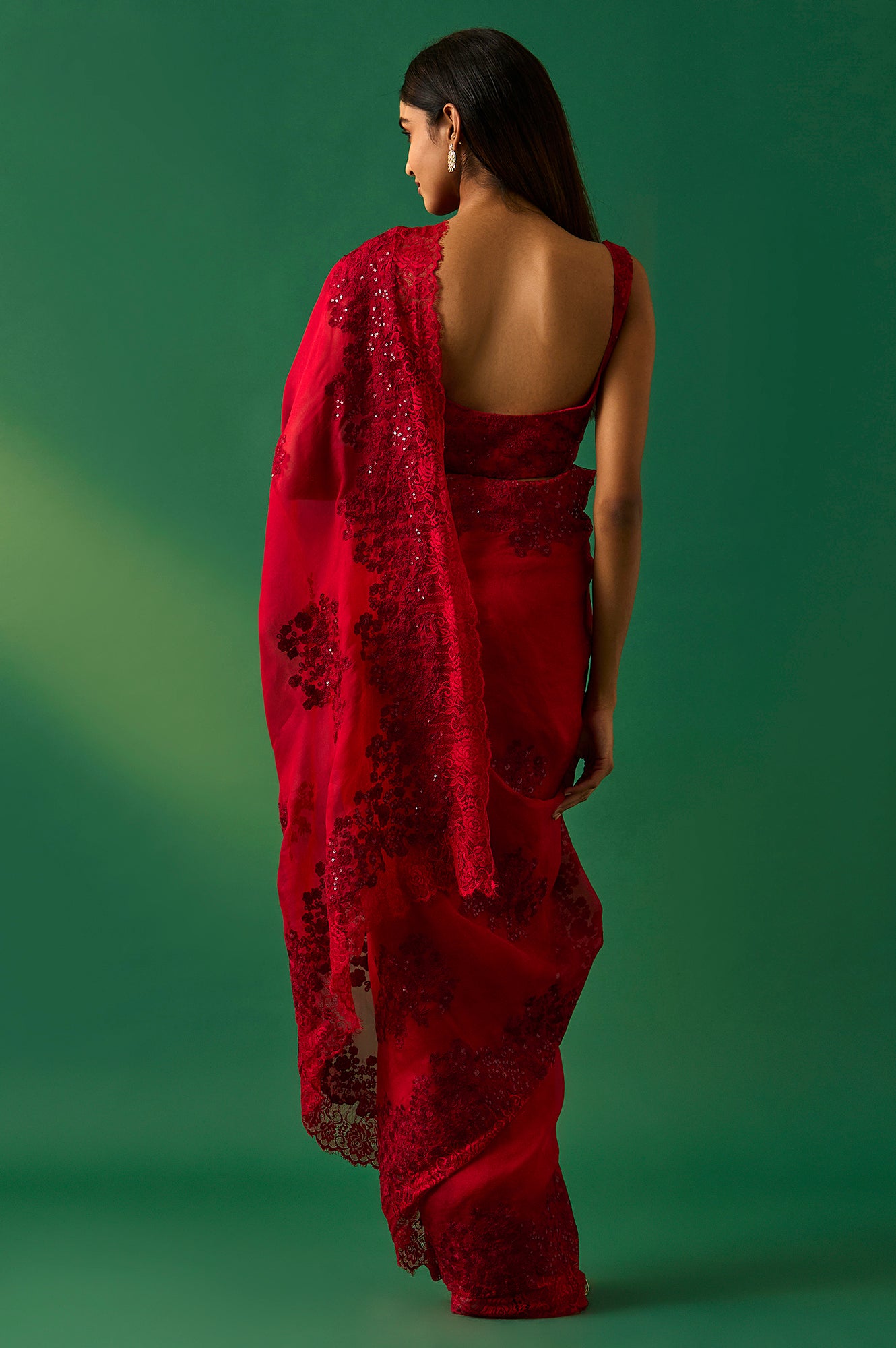 Red Floral Printed Embroidered Sequined Silk Saree with Unstitched Blouse