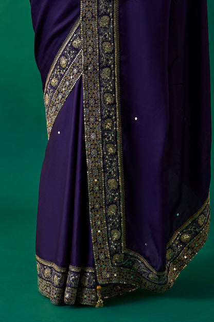 Purple Embroidered Zari Work Banarasi Satin Saree with Unstitched Blouse