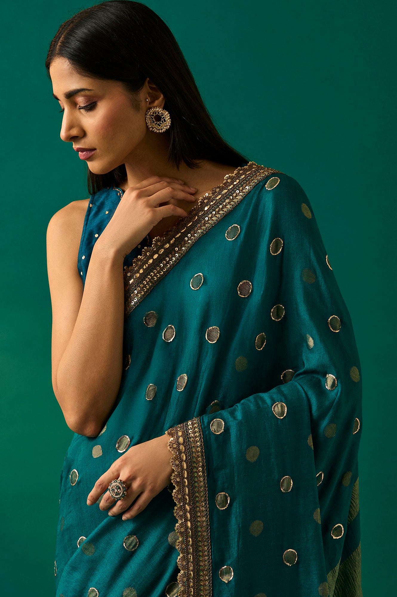 Teal Polka Dot Printed Sequinned Zari Work Ethnic Silk Saree with Unstitched Blouse
