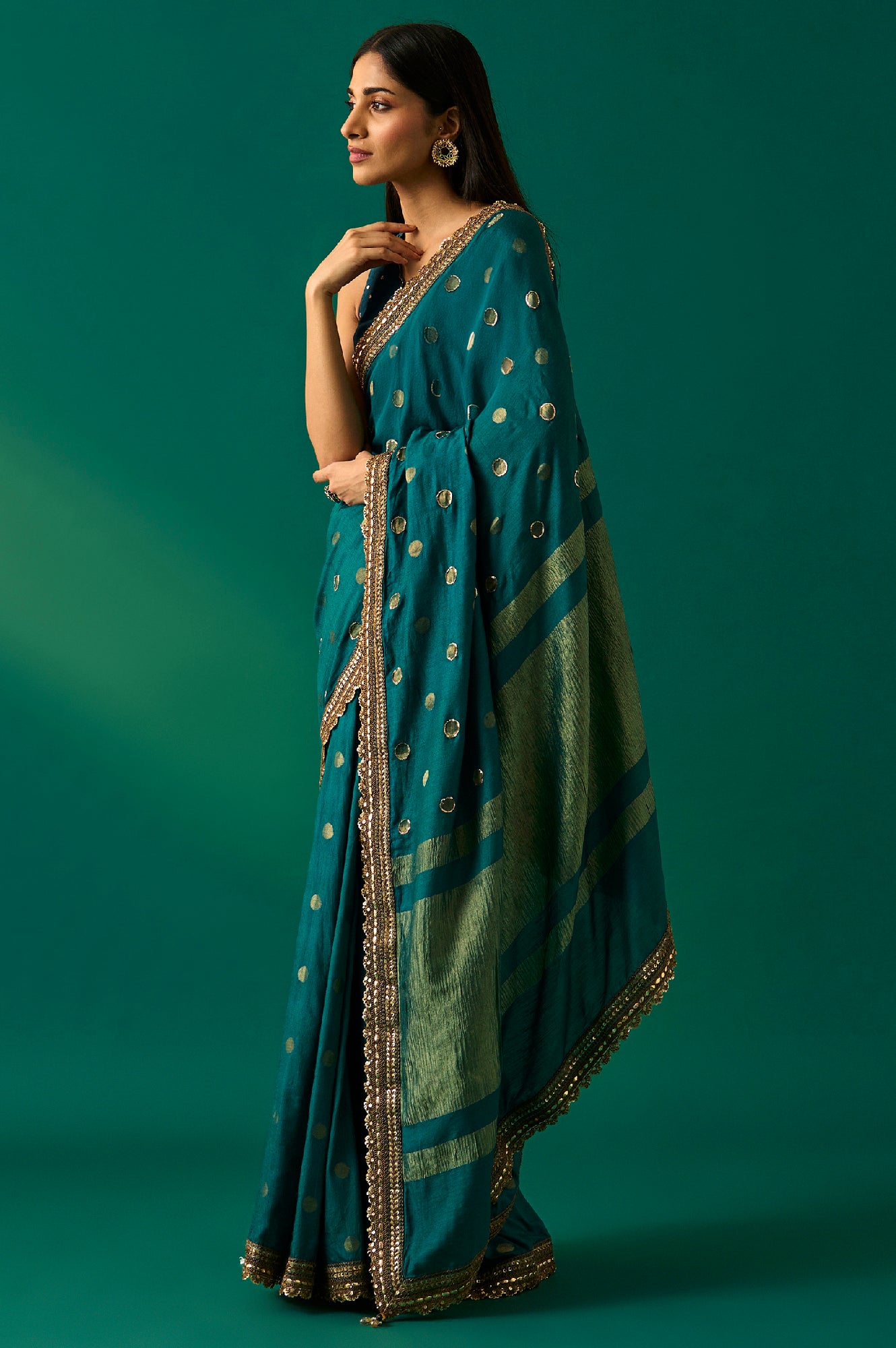 Teal Polka Dot Printed Sequinned Zari Work Ethnic Silk Saree with Unstitched Blouse