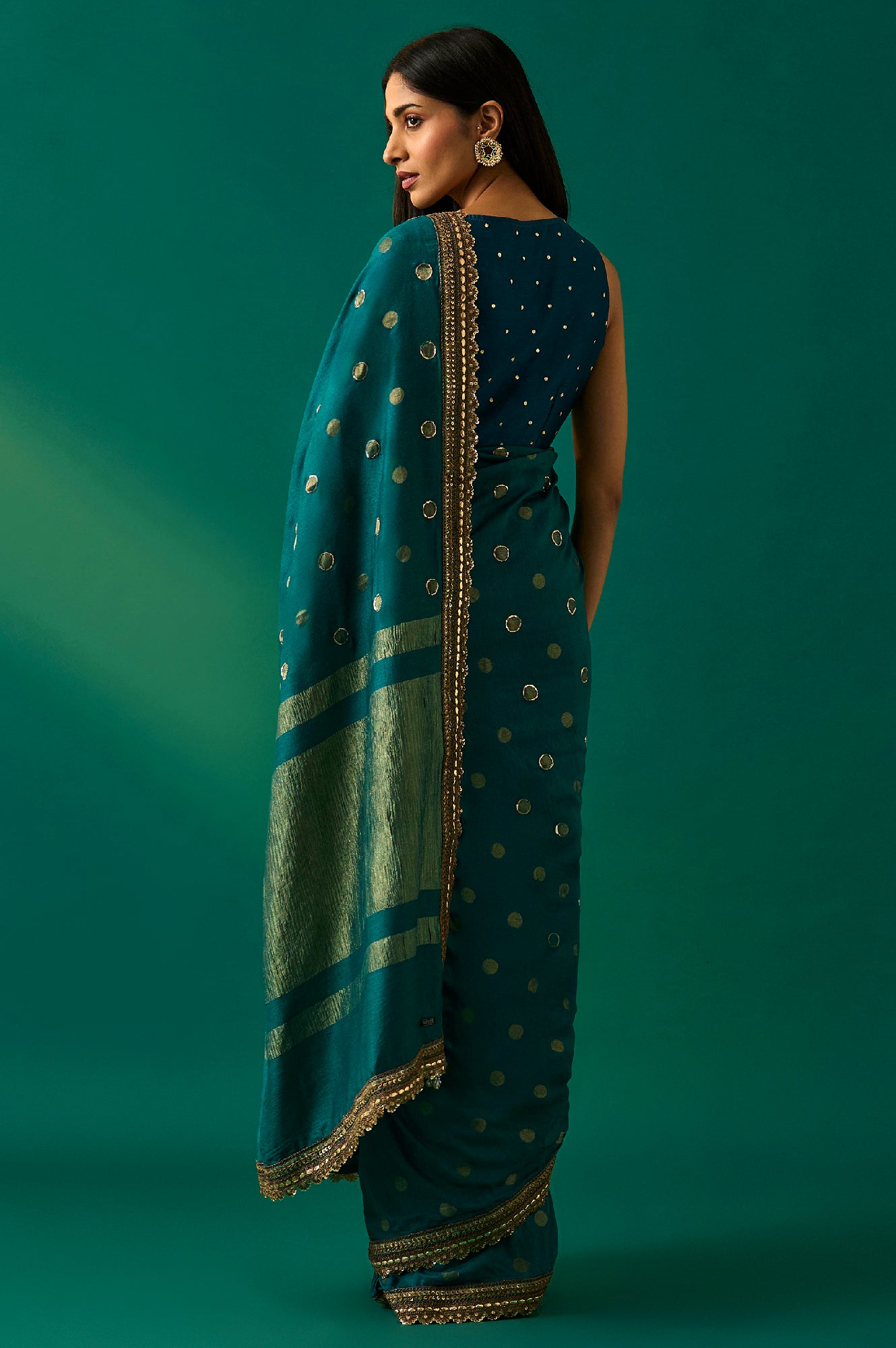 Teal Polka Dot Printed Sequinned Zari Work Ethnic Silk Saree with Unstitched Blouse