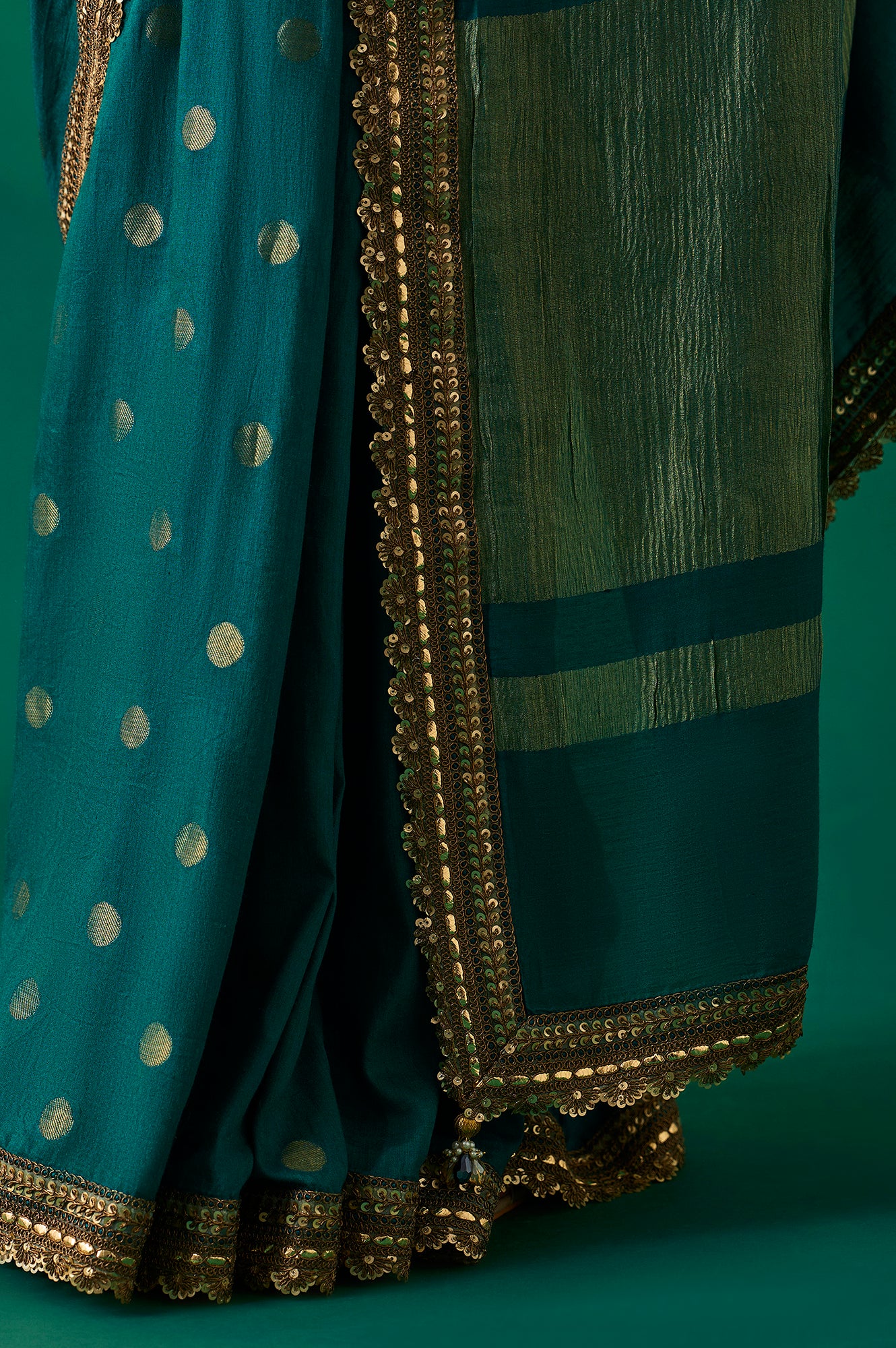 Teal Polka Dot Printed Sequinned Zari Work Ethnic Silk Saree with Unstitched Blouse