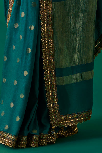 Teal Polka Dot Printed Sequinned Zari Work Ethnic Silk Saree with Unstitched Blouse