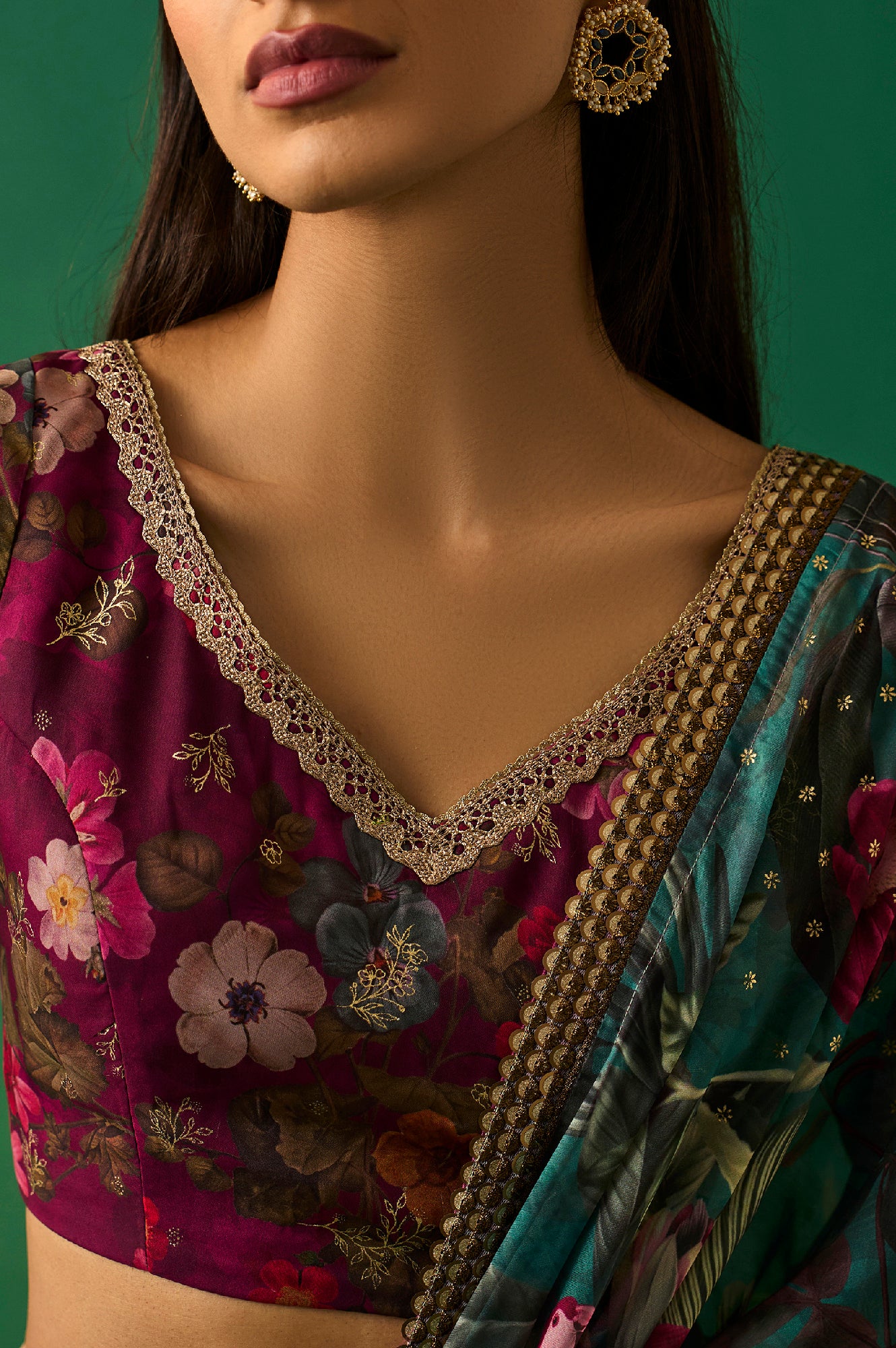 Green Floral Printed Embroidered Sequined Organza Saree with Unstitched Blouse