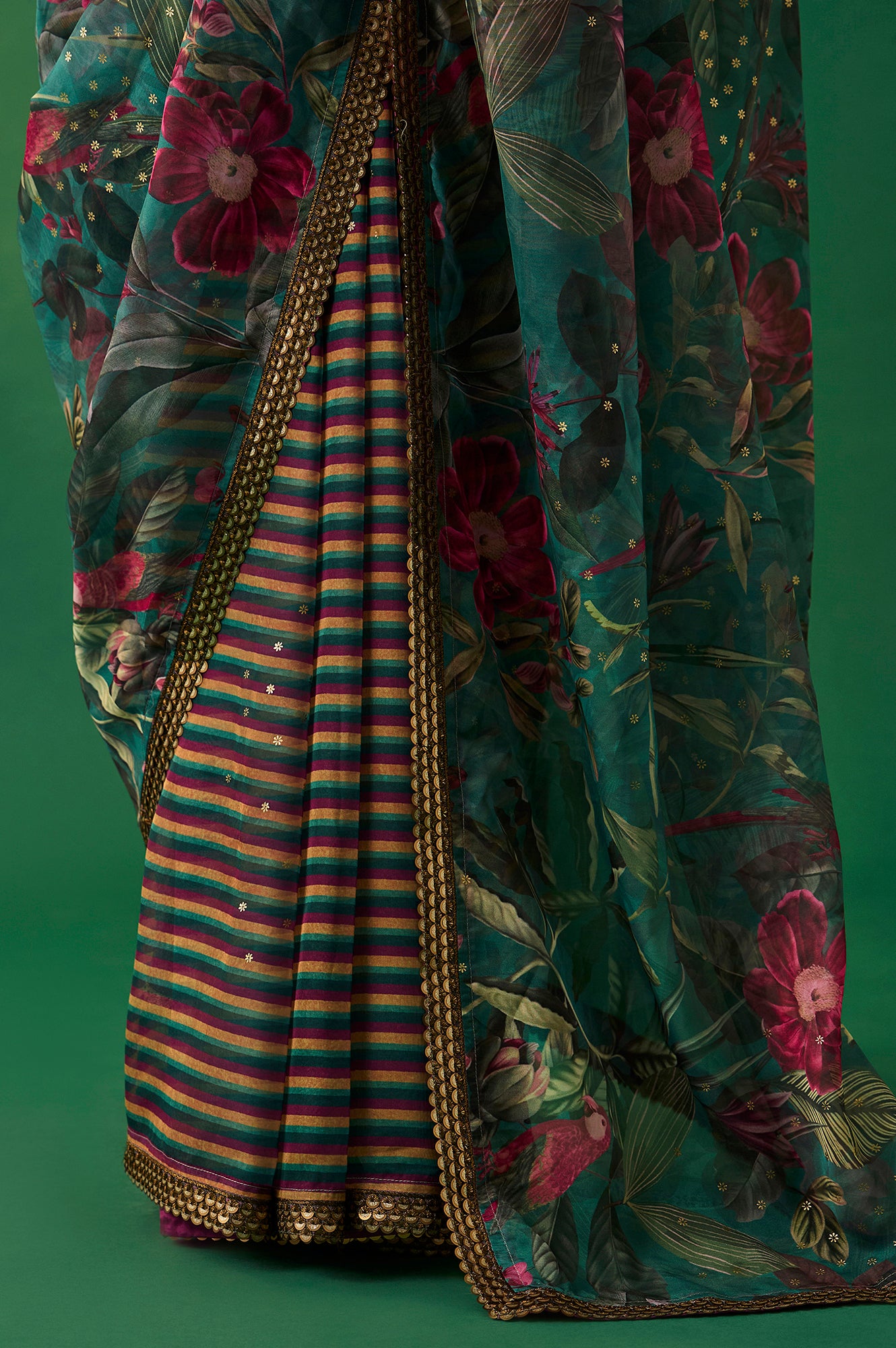 Green Floral Printed Embroidered Sequined Organza Saree with Unstitched Blouse