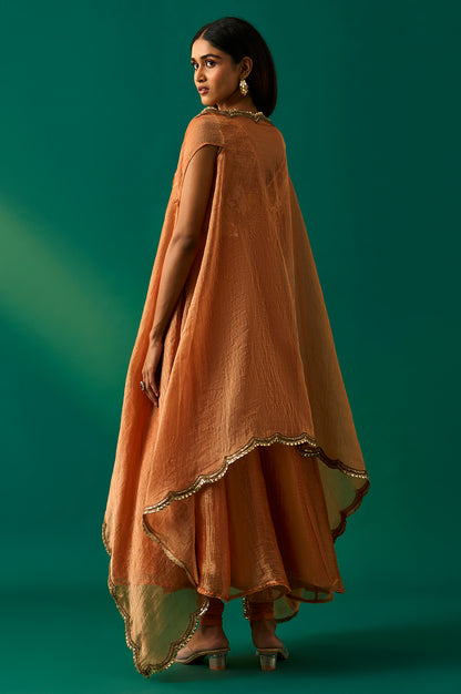 Orange Embroidered Flared Net Dress with Churidar and Cape Set