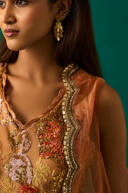 Orange Embroidered Flared Net Dress with Churidar and Cape Set