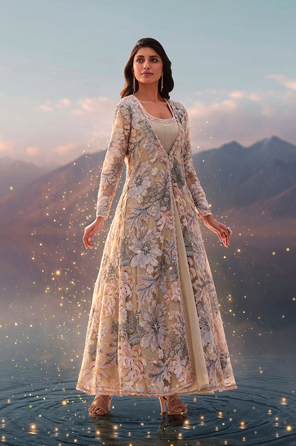 Beige Sequin Embroidered Long Jacket, Anarkali Dress and Churidar Set