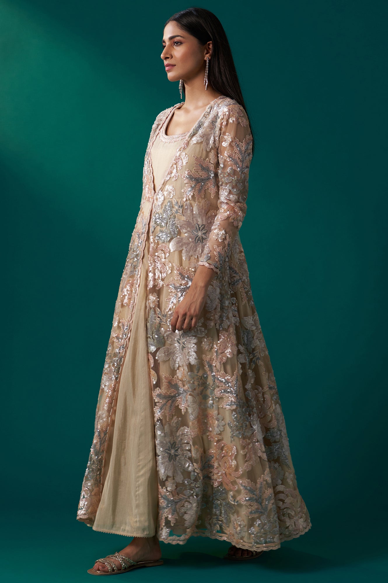Beige Sequin Embroidered Long Jacket, Anarkali Dress and Churidar Set Beige Sequin Embroidered Long Jacket, Anarkali Dress and Churidar Set
