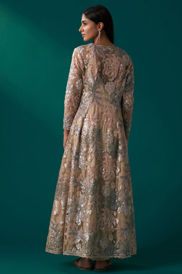 Beige Sequin Embroidered Long Jacket, Anarkali Dress and Churidar Set