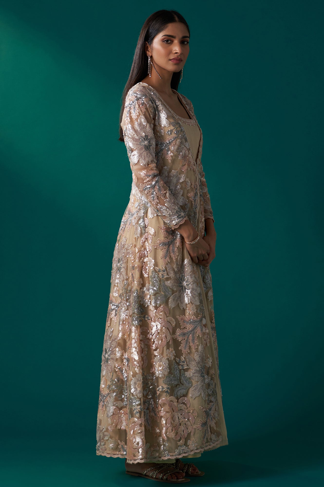 Beige Sequin Embroidered Long Jacket, Anarkali Dress and Churidar Set Beige Sequin Embroidered Long Jacket, Anarkali Dress and Churidar Set