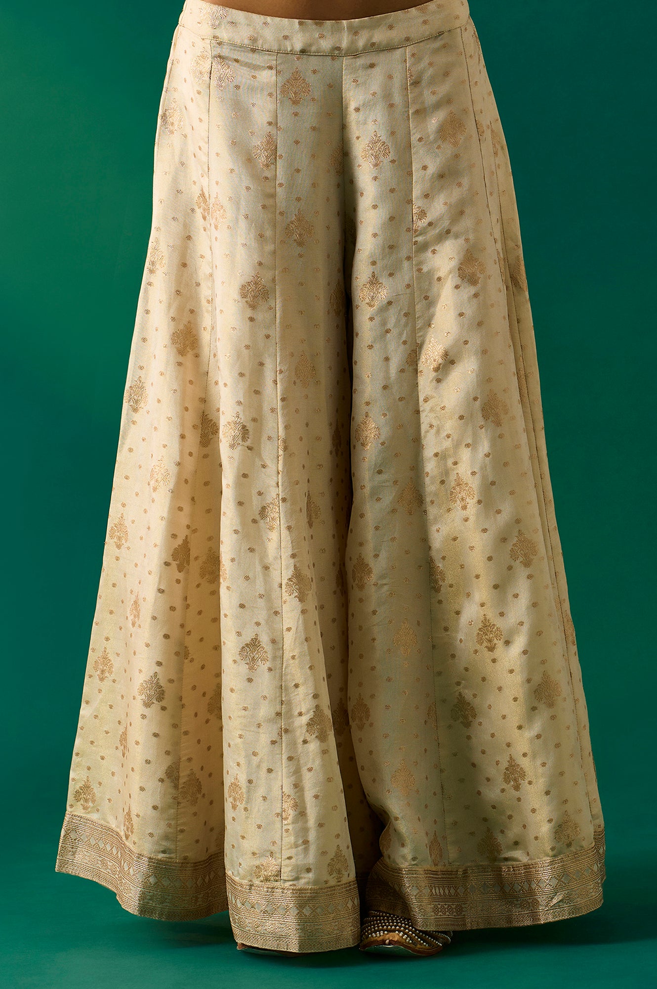 Beige Embroidered Straight Tissue Kurta with Sharara and Dupatta Set