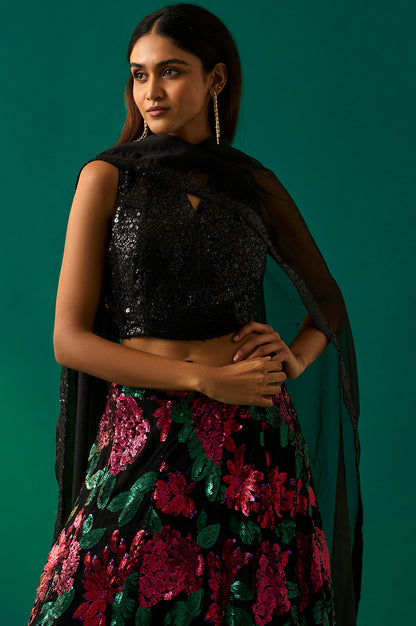 Black Sequin Embellished Straight Blouse with Skirt and Dupatta Set