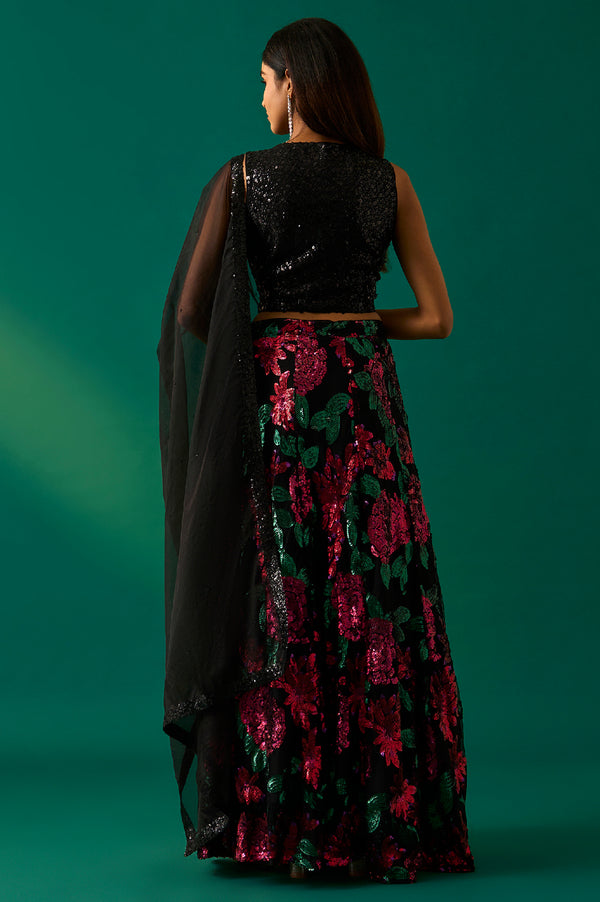 Black Sequin Embellished Straight Blouse with Skirt and Dupatta Set