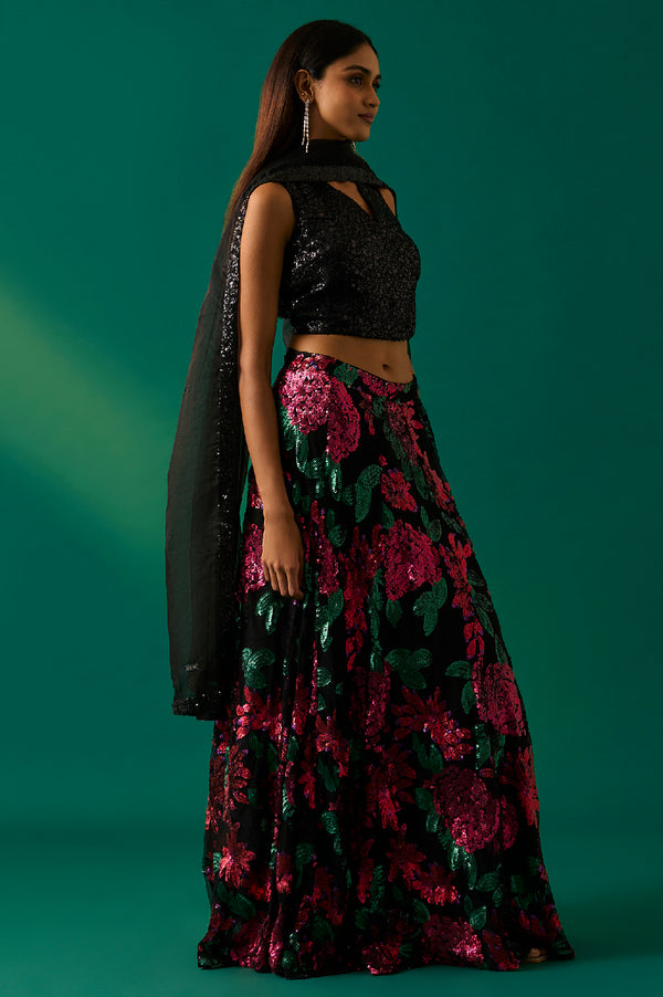 Black Sequin Embellished Straight Blouse with Skirt and Dupatta Set